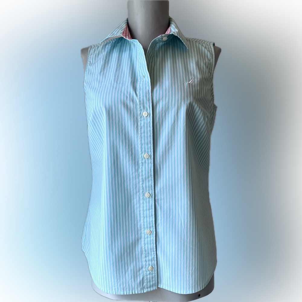 Nautica Pastel Pinstripe Button Up Wrinkle Resistant Sleeveless Blouse Size S